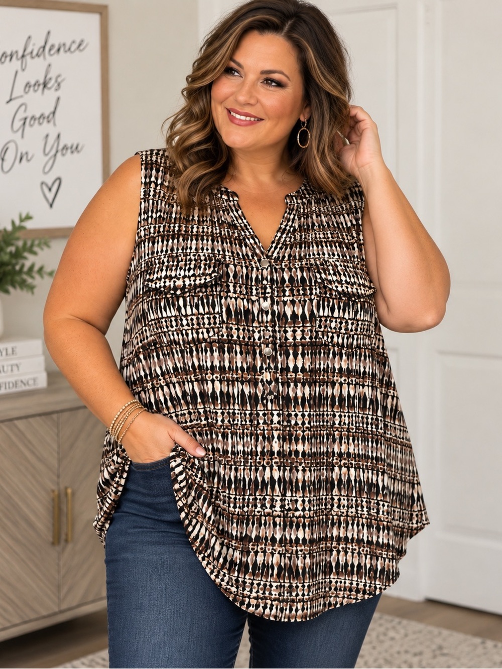 Ava & Grace Woman 3X Abstract Print Button Front Tunic Blouse